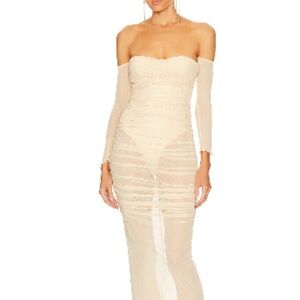 Camila Coelho Off-Shoulder Sheer Ruched Maxi Dress in Cream